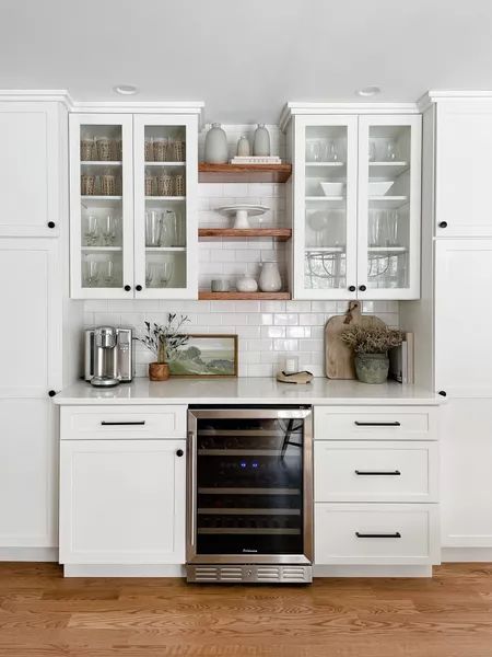 Beverage Station In Kitchen, Beverage Bar In Kitchen, Butlers Pantry With Wine Fridge, Cabinet Extension, Beverage Station Kitchen, Wine Fridge Cabinet, Built In Coffee Bar, Wine And Coffee Bar, Kitchen Extensions