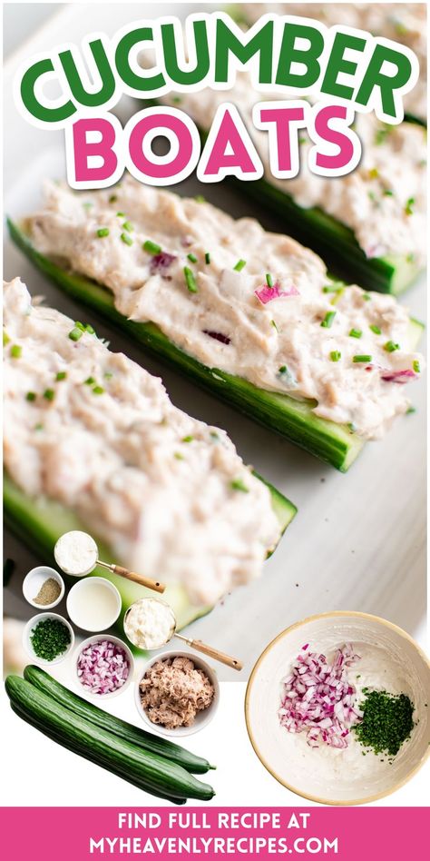 Tuna Cucumber Boats, Appetizers Cucumber, Tuna Appetizer, Tuna Cucumber, Cucumber Boats, Easy Lunch Idea, How To Make Tuna, Cucumber Appetizers, Idea For Summer