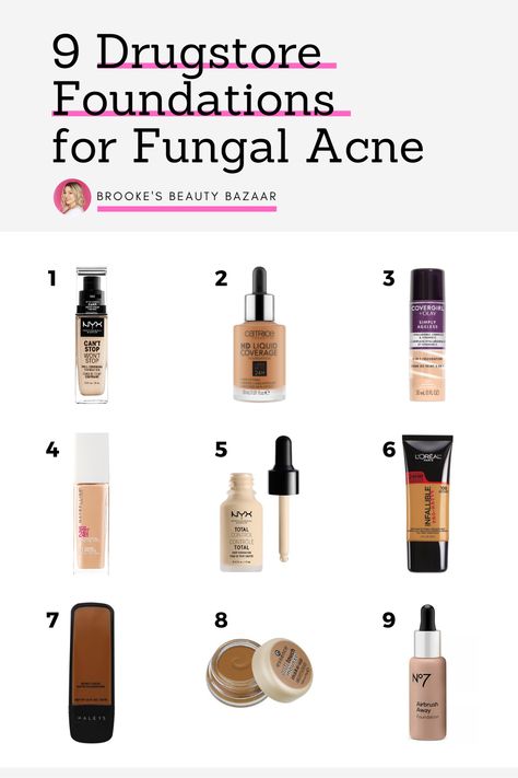 These are the 9 best drugstore foundations you can use if you have fungal acne. These products won't feed malassezia yeast or lead to tiny forehead bumps / fungal acne breakouts. Formulas range from lightweight and luminous to full coverage and matte finish from makeup brands you trust. Many of these foundations are Allure Best of Beauty Award Winners from Maybelline, NYX, L'Oreal, &Covergirl. You'll love the inexpensive price, too! #fungalacne #foundation #drugstore #maybelline #fullcoverage Makeup Products Acne Safe, Best Make Up For Acne Prone Skin, Acne Safe Drugstore Powder, Acne Safe Foundation Drugstore, Acne Prone Makeup Products, Fungal Acne Products, Acne Safe Makeup Drugstore, Best Makeup For Acne Prone Skin, Acne Safe Skin Tint