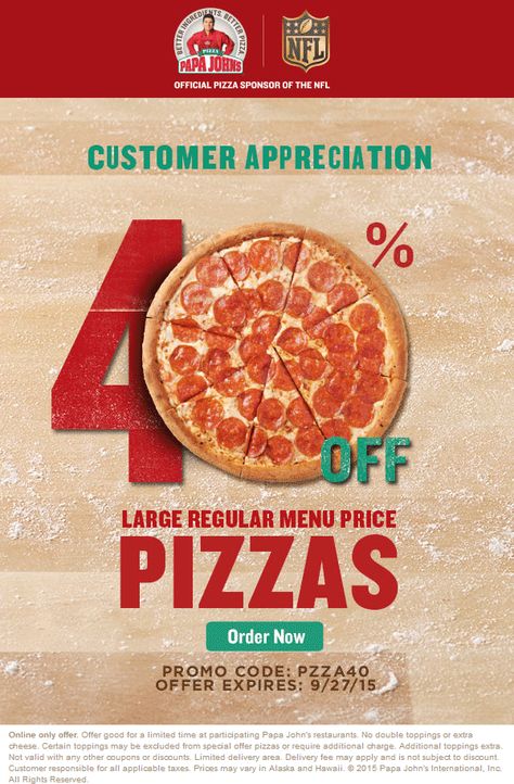 Pinned September 27th: 40% off pizza today at Papa #Johns via promo code PIZZA40 #coupon via The #Coupons App Pizza Promo, Papa Johns Pizza, Daily Supplements, Papa Johns, Coupon Apps, Indian Desserts, Customer Appreciation, Promo Codes, Roxy