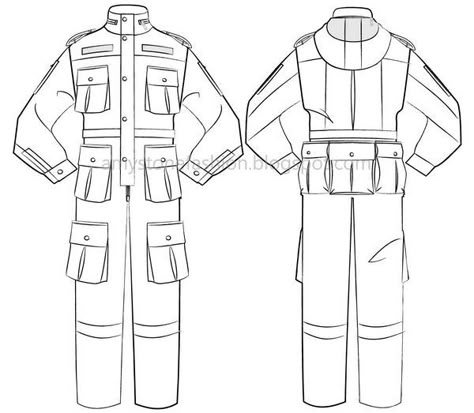 Flat Garment Drawing: Jumpsuit Templates 0099 Jumpsuit Drawing, Suit Drawing Reference, Garment Drawing, Pola Jumpsuit, Army Suit, Fashion Sketch Template, Suit Drawing, Illustrator Fashion, Clothing Templates