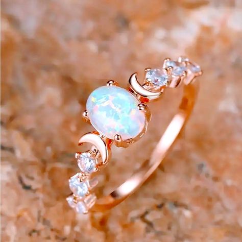 Simulated Opal And Cz Ring Rose Gold Tone Size 6 Brand New Elegant Dressy Witch Witchy Goddess Feminine Ceremonial Amethyst Opal Engagement Ring, Opal Rose Gold Ring, Witchy Rings, Goddess Feminine, Witchy Goddess, Moon Rings, Jewelry 2024, Opal Wedding Ring, Ring Upgrade