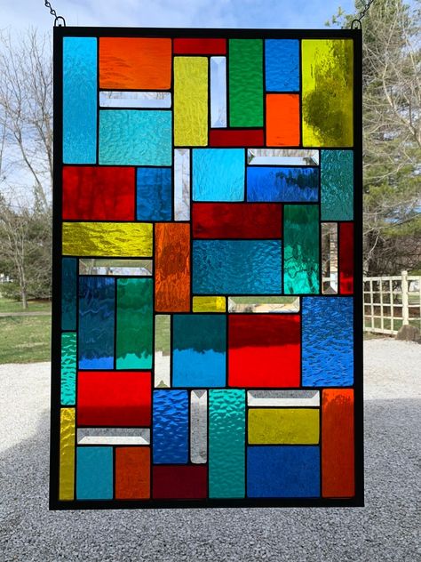 HoneyDewGlass Geometric Jewel Tone Stained Glass Panel - Etsy.de Stained Glass Color Palette, Stained Glass Texture, Contemporary Stained Glass Panels, Modern Stained Glass Panels, Spanish Bungalow, Rug Tufting, Modern Stained Glass, Honey Dew, Vibrant Wall Art