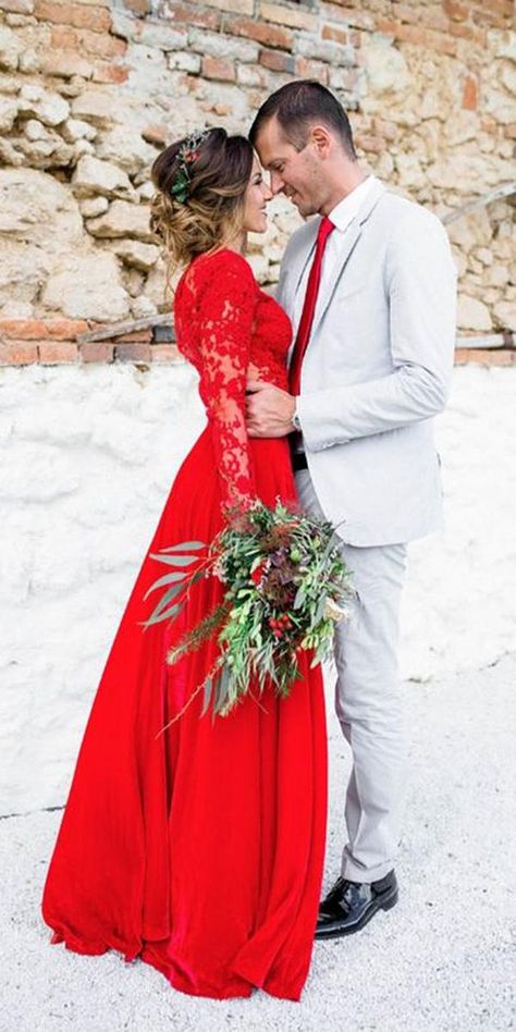 Christmas Wedding Dresses, Red Wedding Gowns, Wedding Color Combinations, Red And White Weddings, Red Wedding Theme, Colored Wedding Dress, Red Wedding Dress, Unconventional Wedding Dress, Winter Wedding Colors