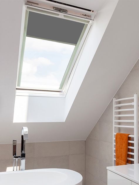 fresh light bathrooms #VELUXdaylight Fakro Windows, Make Blinds, Blinds For Velux Windows, Large Roller Blinds, Roller Blinds Bathroom, Vertical Blind Slats, Sheer Roller Blinds, Patterned Blinds, Dark Grey Colour