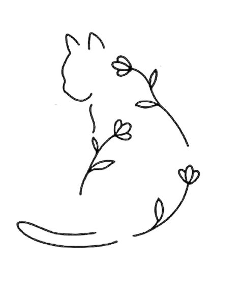 Simple Cat Outline Drawing, Cat Tattoos With Flowers, Simple Line Drawing Tattoo, Small Fine Line Cat Tattoo, Cat Silloute Tattoo, Cat Stencil Tattoo, Elegant Cat Tattoo, Fine Line Cat Tattoo With Flowers, Cat Line Drawing Tattoo