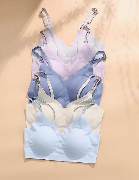 5 pack seamless bra set. Skims Dupe. Colors shown are light blue, cream, dark blue, light purple, and a light gray. High Support Bra, Wireless Bras, Padded Bralette, Bra Types, Everyday Bra, Seamless Bra, Wireless Bra, Support Bras, Bra Set