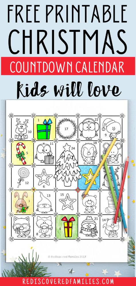 Looking for a simple Holiday tradition for kids? Visit rediscoveredfamilies.com to get your free printable free printable Christmas countdown calendar. Print it out and let your kids enjoy coloring each square until Christmas! This printable Advent calendar printable is perfect for all ages and makes a simple countdown for kids. Save this pin so you can quickly find this fun Christmas activity when you need it! Christmas Activities Calendar, Diy Countdown To Christmas For Kids, Christmas Countdown Coloring Pages, Kids Christmas Countdown Craft, Christmas Crafts Printables For Kids, Advent Calendar Crafts For Kids, Christmas Countdown Crafts For Kids, Advent Kids Activities, Christmas Activity Sheets Free Printable