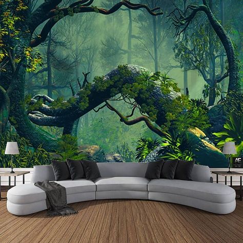 Shroom Tapestry, Fantasy Interior Design, Forest Room Ideas, Enchanted Forest Room, Forest Interior Design, Whimsy Goth Bedroom, Wall Tapestry Living Room, Landscape Tapestry, Forest Wall Mural