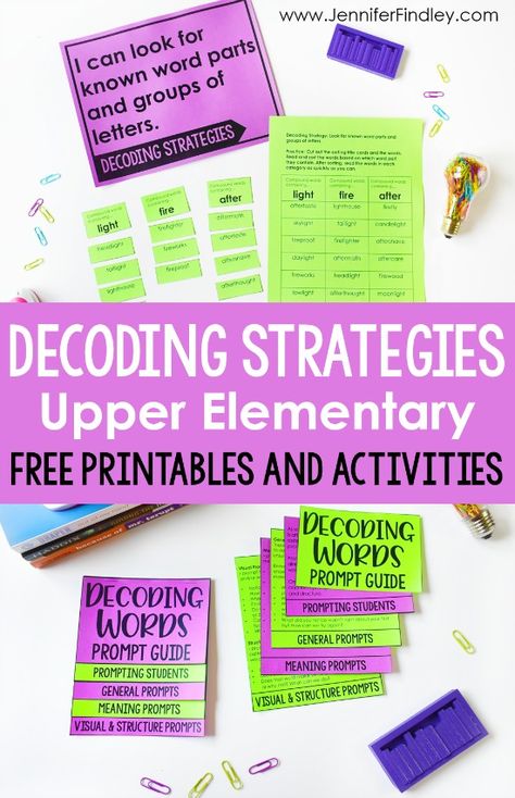 Students in 4th and 5th grade still need decoding strategies and instruction. This post shares my go-to decoding strategies with free introductory activities (and a free decoding prompt guide for teachers!) Reading Intervention Classroom, Decoding Activities, Phonics Interventions, Decoding Strategies, Intervention Classroom, Upper Elementary Reading, Reading Tutoring, Decoding Words, Teaching 5th Grade