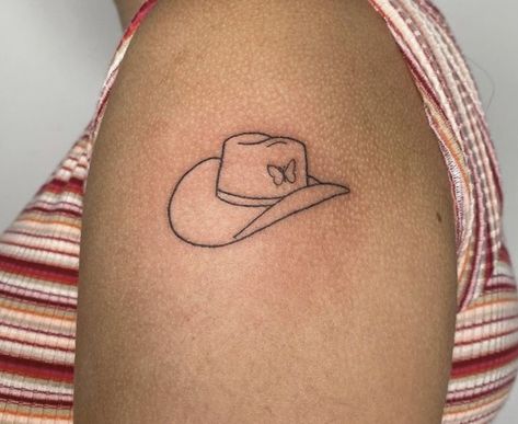 Yeehaw Lip Tattoo, Western Butterfly Tattoo, Kacey Musgraves Tattoo Ideas, Space Cowgirl Tattoo, Kacey Musgraves Tattoo, Yee Haw Tattoo, Small Western Tattoos For Women, Cowgirl Hat Tattoo, Yeehaw Tattoo