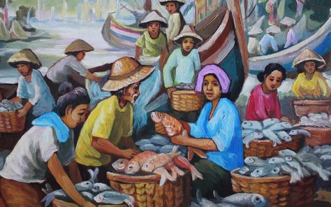 Fish Market Memory Drawing, Market Scene Drawing Easy, Fish Market Drawing, Filipino Paintings, Market Drawing, Memory Drawing, Market Scene, Childhood Memories Art, Composition Drawing