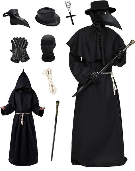 Polyester Imported Plague Doctor Costume 9PCS incluse : 1*Hat+1*Robe+1*Cloak+1*String Belt+1*Necklace+1*Plague Doctor Mask+1* pair of gloves+1*Face hood+1*31 inch length Plastic Scepter Unisex Plague Doctor Costume will make your holiday party full of fun and happy. Plague Doctor Costume for Halloween Party Perfect for Halloween display, dress-up parties, masquerade, carnival, festivals, role play, performance Costume With Mask, Plague Doctor Costume, Masquerade Carnival, Plague Doctor Mask, Doctor Costume, Doctor Mask, Plague Doctor, Role Play, Cloak