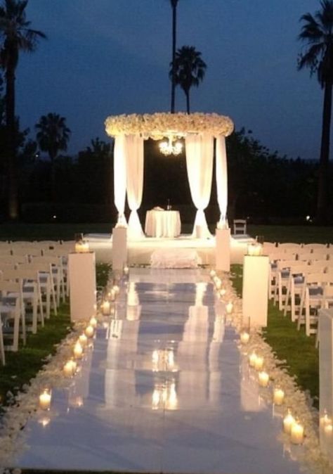 Night Wedding Ceremony, Outdoor Night Wedding, Romantic Wedding Setting, Outdoor Wedding Lighting, Aisle Decorations, Romantic Wedding Receptions, Wedding Ceremony Ideas, Lights Decor, Garden Ceremony