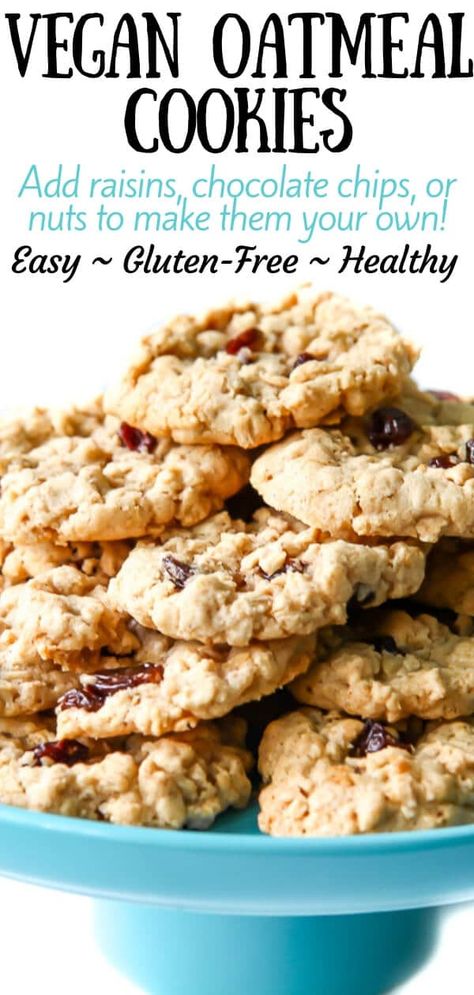 This is the best vegan oatmeal cookie recipe ever!  Perfectly soft and chewy with the classic taste of oatmeal and brown sugar.  You can add raisins, chocolate chips, craisins, or nuts to make any type of oatmeal cookies you want.  This also makes the most delicious cookie dough ever and since there are no eggs, feel free to eat it up! #vegan #gluten-free #thehiddenveggies Gluten Free Dairy Free Oatmeal Raisin Cookies, Vegan Oatmeal Coconut Cookies, Vegan Oatmeal Cookies Recipes, Oatmeal Cookie Vegan, Best Vegan Cookies Ever, Egg Free Oatmeal Raisin Cookies, Wfpb Oatmeal Cookies, Vegan Oatmeal Raisin Cookies Chewy, Chewy Vegan Oatmeal Cookies