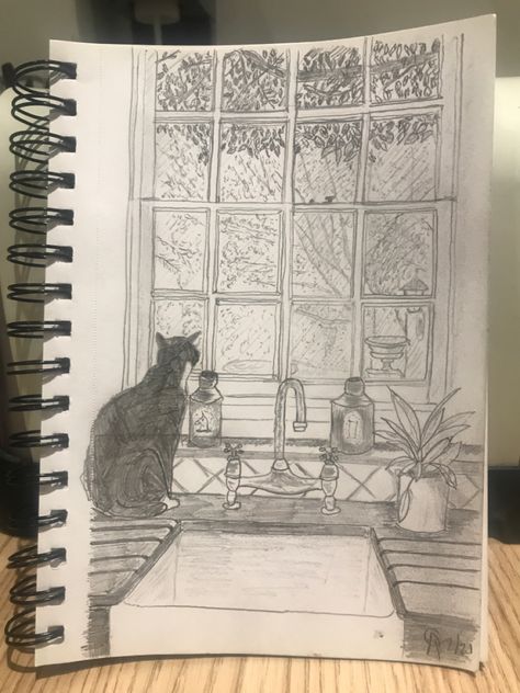 A sketch done from an online photograph, taken by someone I follow on Instagram. I just loved the perspective view of the cat as it looked out of the window as it began to snow Window Perspective Drawing, Window Sill Drawing, Cat Looking Out Window, Window Sketch, Perspective View, Window Drawing, One Point Perspective, Cat Window, Point Perspective