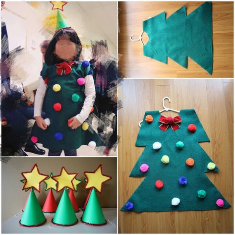 Christmas tree costume DIY. - felt and pom pom Diy Christmas Tree Costume, Tree Costume Diy, Christmas Tree Costume Diy, Diy Christmas Costumes, Christmas Costumes Diy, Christmas Concert Ideas, Christmas Tree Outfit, Christmas Costumes Women, Christmas Tree Costume