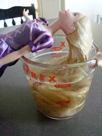 Rapunzel's hair was looking a bit tangled lately. I read several ways to repair a doll's hair on pinterest, but all involved... Doll Hair Repair, Fix Doll Hair, Dolls Hair, Doll Hair, Doll Stuff, Fabric Softener, Barbie Clothes, Barbie Doll, American Girl Doll