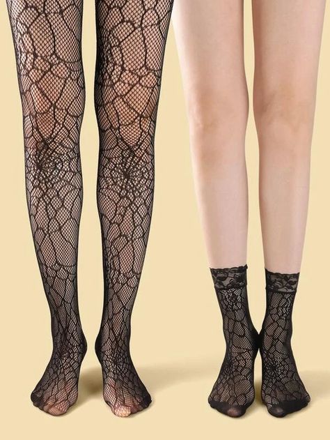 2pairs Cobweb Design Fishnet Tights & Fishnet Socks | SHEIN USA Goth Tights, Draculaura Costume, Mayday Parker, Mj Watson, Magia Record, Fishnet Socks, Lace Cami Top, Scallop Trim, Fishnet Tights