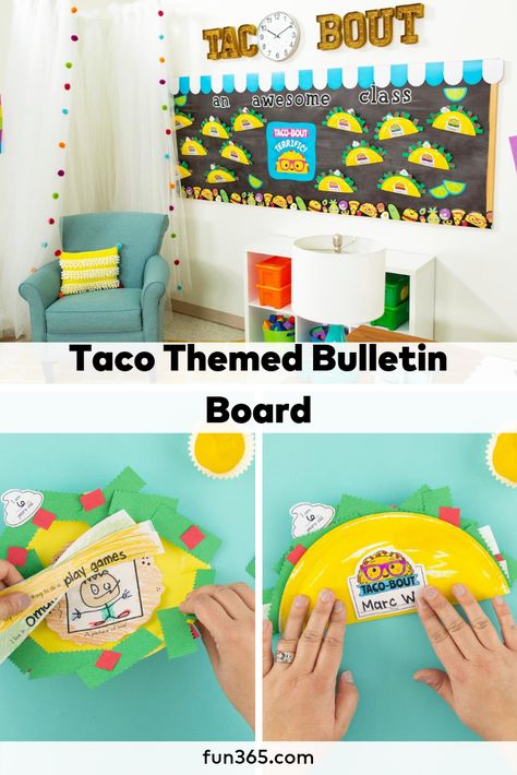 Taco 'bout a fun way to decorate your classroom! This fun taco themed bulletin board is full of student projects made with a free printable. Check it out! Taco Theme Bulletin Board, Taco Classroom Theme, Taco Bulletin Board Ideas, Fiesta Theme Classroom, Taco Bulletin Board, Taco Craft, Testing Bulletin Boards, Taco Ideas, Daycare Lesson Plans