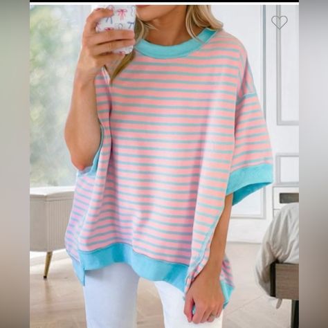 Oversized Top. Blue And Pink. Drop Sleeve, Leggings Shorts, Loose Top, Stripe Top, Loose Fitting Tops, Plaid Fabric, Pink Sky, Loose Tops, Pullover Shirt