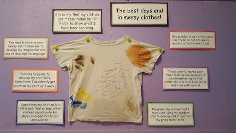 Haverhill Daycare Blog: Messy Play Early Years Messy Play Ideas, Messy Play Display Board Eyfs, Nursery Messy Play Ideas, Where We Live Display Eyfs, Disney Messy Play, Messy Clothes, Messi T Shirt, Nursery Planning, Messy Play