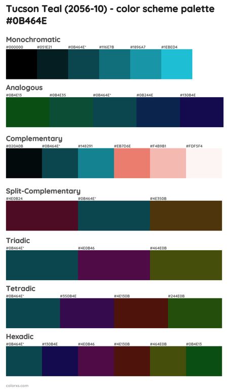 Benjamin Moore Tucson Teal (2056-10) Paint coordinating colors and palettes Teal Complementary Colors, Tucson Teal Benjamin Moore, Teal Color Palette Hex Code, Analogous Painting, Pantone Color Guide, Teal Paint Colors, Teal Palette, Deep Winter Palette, Teal Color Palette