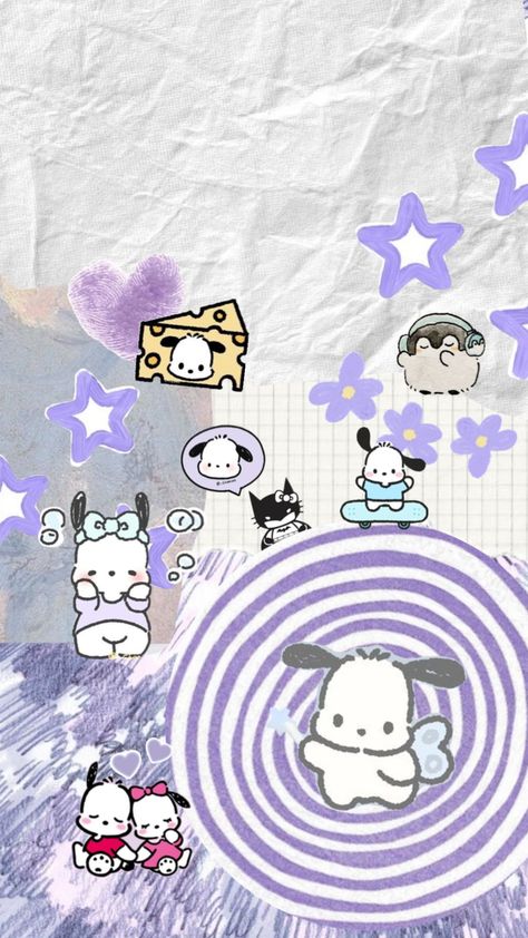 new wallpaper :]!! #pochacco #purple #wallpaper #collagewallpaper #sanrio Desain Quilling, Cocoppa Wallpaper, Purple Wallpaper Iphone, Sanrio Wallpaper, Iphone Wallpaper App, Wallpapers Images, Collage Background, Cute Simple Wallpapers, Cute Patterns Wallpaper