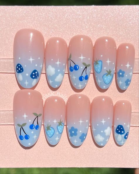 Warning: These nail art ideas may cause extreme jealousy and an overwhelming desire to promptly schedule your next appointment at the salon! So, if you’re not prepared to have the most enviable nails in town, it may be best to turn back now. Aquatic Nail Designs, Blueberry Cow Nails, Squishmellow Nails, Japanese Nail Designs Kawaii, Stardew Valley Nails, Kirby Nail Art, Nail Designs Cool, Kirby Nails, Nail Ideas Aesthetic