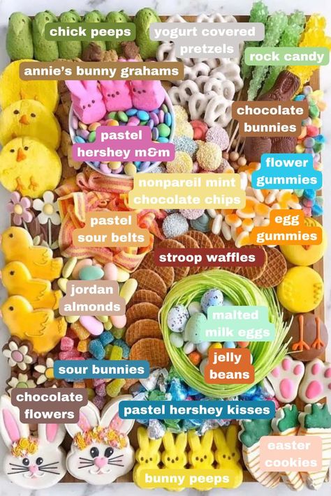 When it comes to Easter candy, my personal philosophy is that you can never have too much! For this springy board, I’ve picked my favorites and added some festive treats to celebrate the holiday. We all have our favorites–chocolate bunnies, Cadbury Eggs, Robin Eggs, Peeps, but I encourage you to go beyond the traditional choices and use color as your guide! Candy Platter Ideas, Easter Candy Charcuterie Board, Appetizer Sweet, Candy Platter, Easter Dessert Ideas, Dessert Spring, Candy Charcuterie Board, Almond Jelly, Candy Charcuterie