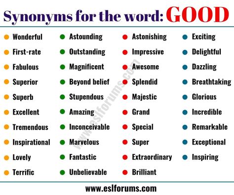 GOOD Synonym: List of 38 Useful Synonyms for GOOD - ESL Forums Good Synonyms Words, Synonyms Of Good, Synonym For Good, Good Synonyms, Synonyms For Good, Better Synonyms, Another Word For Good, Very Good Synonyms, Excitement Synonyms