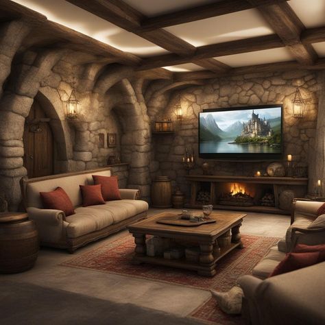 Fantasy tavern inspired living room design created by AI Medieval Inspired Living Room, Dnd Living Room, Tavern Room Ideas, Fantasy Basement, Tavern Basement, Medieval Living Room, Tavern Room, Fantasy Tavern, Hobby Room Design