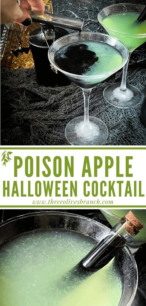 Poison Apple Martini, Poison Apple Cocktail, Green Apple Cocktail, Drink Essentials, Rum Sour, Cinnamon Schnapps, Halloween Recipes Drinks, Ghouls Night, Halloween Party Drinks