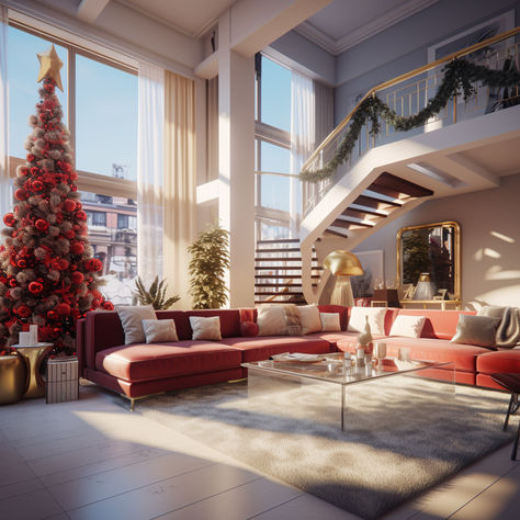 Immerse yourself in the romantic atmosphere of a loft-style living room in New York City, adorned with Christmas decorations and bathed in natural light. #UrbanChristmas #LoftLiving #IndustrialCharm Loft Christmas Decor, Christmas Loft, Loft Style Living Room, Room In New York, Loft Living Room, Living Room Loft, With Christmas Tree, Loft Living, Romantic Atmosphere