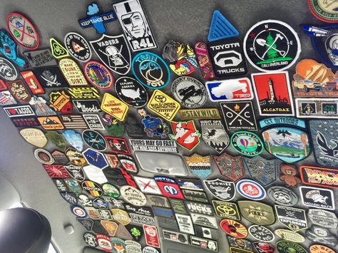 Patches on Tacoma headliner Patches On Car Roof, Truck Upgrades, Tacoma Build, Jeep Stickers, Toyota 4runner Trd, Future Trucks, Velcro Patches, Truck Interior, Toyota Trucks