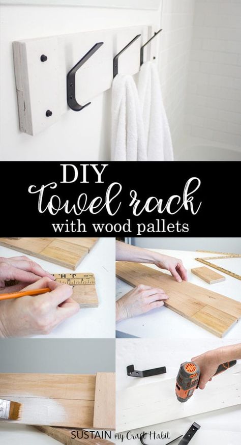 Add some rustic farmhouse flare to your bathroom with this white-washed wood pallet DIY towel rack. Diy Towel Rack Bathroom, Wood Pallet Diy, Wood Towel Rack, Diy Towel Rack, Interior Drawing, Wooden Plugs, Diy Towels, Decor Ikea, Interior Vintage