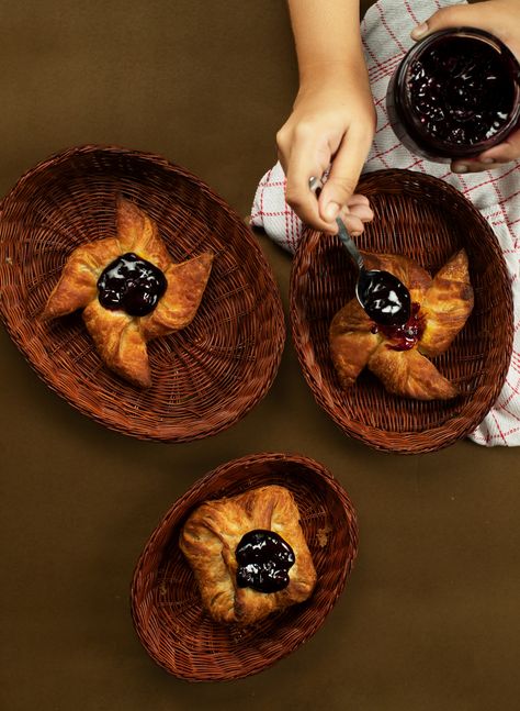 Danish Pastries, often referred to as just Danish, are made with a yeast dough that's wonderfully buttery rich and flaky. It's actually the same same dough used to make Croissants. What's so fun about Danish is that you can get different sizes and shapes. The center of the Danish is filled with Blueberries. Make Croissants, Danish Pastries, Yeast Dough, Danish Pastry, Blueberries, Yeast, Food Photography, Dough, Pastry