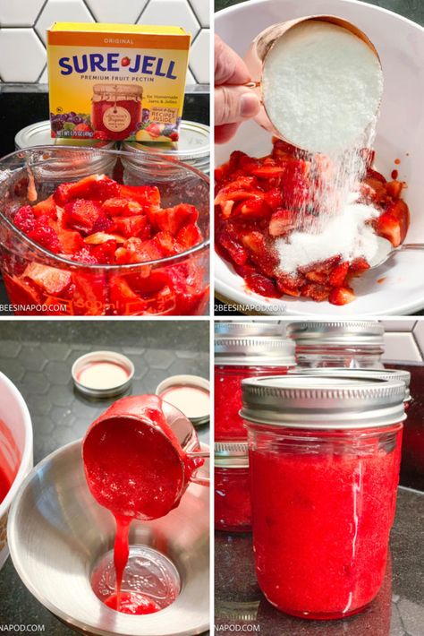 Freezer Strawberry Jam - 2 Bees in a Pod Freezer Jelly Strawberry, Freezer Strawberry Jam Recipe, Strawberry Freezer Jam Recipe, Sure Jell Freezer Jam Recipes, Easy Strawberry Freezer Jam Recipe, Freezer Jam Strawberry, Easy Strawberry Freezer Jam, Sugar Free Freezer Jam, Sure Gel Strawberry Freezer Jam