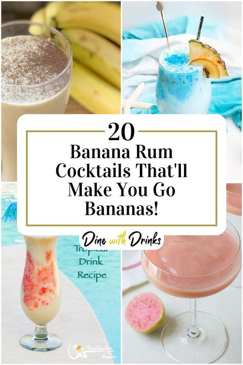 Collage of 4 banana rum cocktails. Banana Rum Cocktails, Banana Rum Drinks Recipes, Drinks With Banana Rum, Banana Rum Cream Drink Recipes, Banana Cocktail Recipes, Drinks With Banana, Banana Rum Recipes, Banana Rum Drinks, Unique Alcoholic Drinks