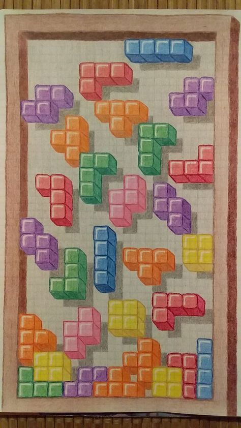 Tetris Painting, Geometric Pixel Art, Tetris Drawing, Geometric Pattern Drawing Ideas, Graph Paper Drawings Doodles, Graph Paper Art Design, Tetris Art, Tetris Design, Markers Drawing Ideas