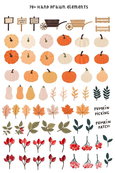 Fall Items Drawing, Fall Leaves Pumpkin Painting, Fall Flowers Clipart, Pumpkin Patch Doodle, Cute Fall Clipart, Fall Procreate Ideas, Fall Seamless Pattern, Fall Hand Lettering, Pumpkin Patch Drawing