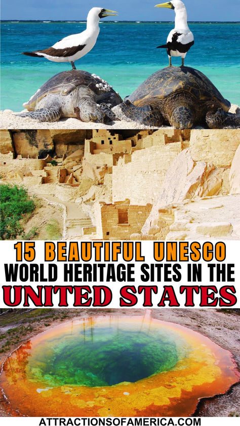 Images of Yellowstone, Mesa Verde, and Papahānaumokuākea with text overlay reading 15 beautiful unesco world heritage sites in the United States. 50 States Travel, Tourist Sites, Smoky Mountain National Park, Olympic National Park, Great Smoky Mountains, National Monuments, 50 States, Yellowstone National Park, Vacation Ideas