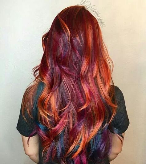 This tropical melt is stunning!  Great work @violetthestylist. Red Orange Hair, Dyed Red Hair, Hair Dyes, Dye Ideas, Hair Color Pink, Winter Hair Color, Auburn Hair, Fun Color, Colored Hair