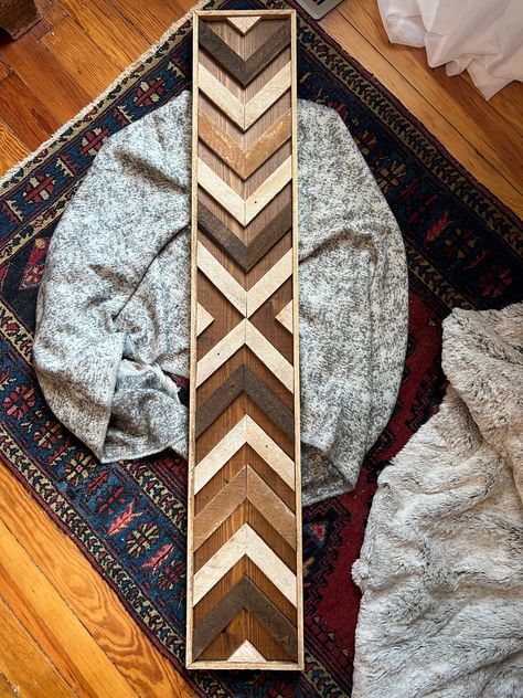 Wood Slat Crafts, Wooden Mosaic Wall Art, Wood Mosaic Pattern, Wood Mountain Wall Art Diy, Scrap Wood Wall Art, Lath Projects, Wood Mosaics, Southwestern Farmhouse, Lath Art