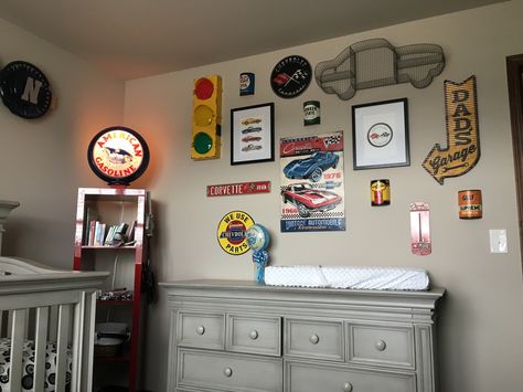 Boys Car Corvette Garage Nursery Car Nursery Decor, Classic Cars Nursery Theme, Nursery Ideas Cars, Vintage Car Themed Nursery, Classic Car Nursery, Baby Boy Nursery Car Theme, Race Car Nursery Theme, Car Nursery Ideas Boy, Car Nursery Ideas