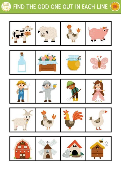 Nursery Worksheets, Animal Worksheets, Worksheet For Kids, The Odd Ones Out, Printable Game, Esl Teaching, On The Farm, Printable Games, 1st Birthday Girls