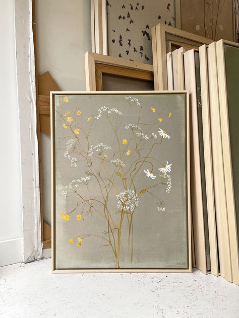 buttercup, cow parsley and daisies on pale green - Maartje van den Noort Apartment Painting, Cow Parsley, Daisy Painting, Matte Paint, Abstract Floral Art, Painting Collage, Creative Painting, Linen Canvas, Diy Art Painting