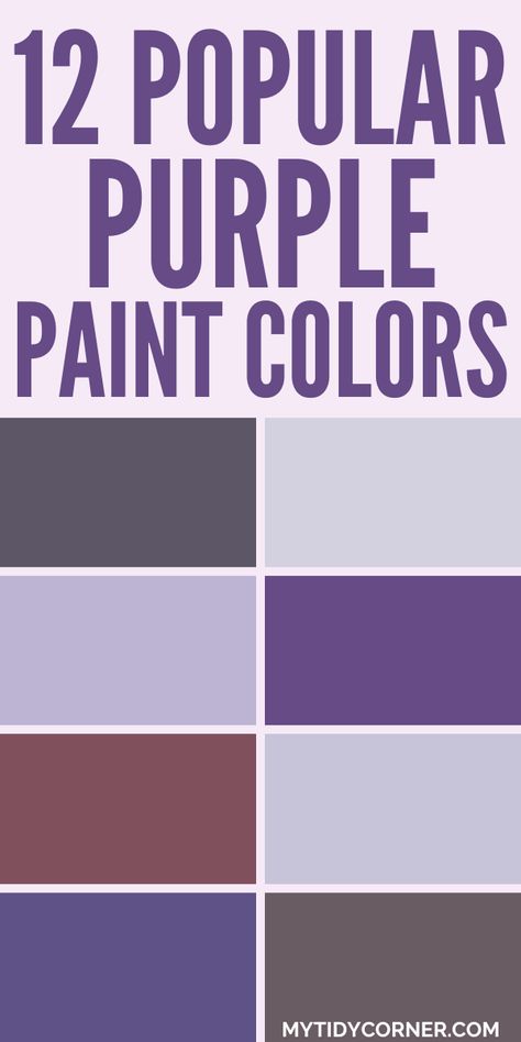 Collage of the top purple paint colors for your home painting project. Ash Violet Sherwin Williams, Purple Bedroom Colors, Purple Palette Colour Schemes, Best Purple Paint Colors, Lavender Wall Color, Eggplant Paint Color, Purple Paint Colors Bedroom, Purple Grey Paint Color, Light Purple Bedroom Ideas