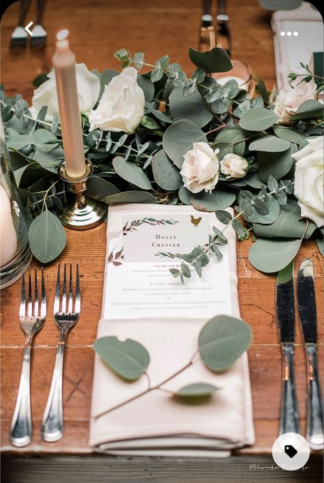 Eucalyptus And White Roses Wedding Table Decor, Eucalyptus Wedding Table Setting, Table Flower Decorations For Party, Champagne White And Greenery Wedding, Green And White Wedding Table Decor, Head Table Garland, Shades Of Green Wedding, March Wedding Flowers, Wedding Table Styling