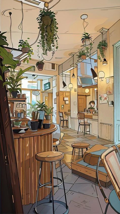 Anime Cafe Aesthetic Wallpaper, Coffee Shop Illustration Art, Cafe Drawing Aesthetic, Anime Shopping Aesthetic, Anime Coffee Shop Aesthetic, Anime Cafe Art, Cafe Drawing Illustration Coffee Shop, Japanese Coffee Shop Aesthetic, Coffee Shop Aesthetic Wallpaper